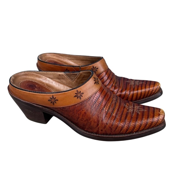 Ariat Desert Star Lizard Leather Clog Mules Size 7B Brown Block Heel Slip On - Picture 1 of 11